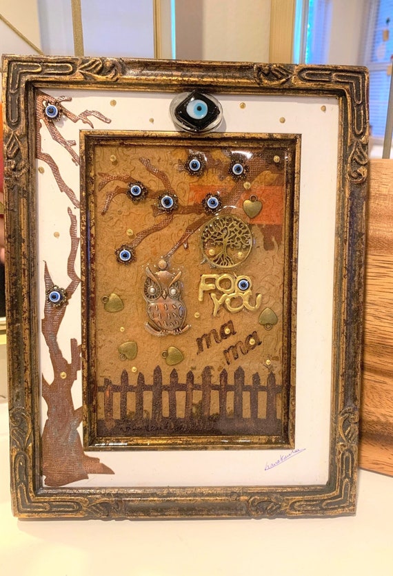 Tree of life Framed Picture Blessed eye Iraqi Art Hamsa Seven Eyes Owl Good Luck Decorative Framed Picture Mixed Media, For You MAMA