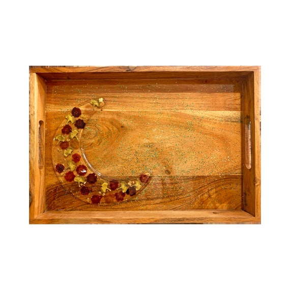 Crescent Cheese tray, Large Resin Wooden Tray Flowers leaves Charms Decorated Ottoman Tray Charcuterie board