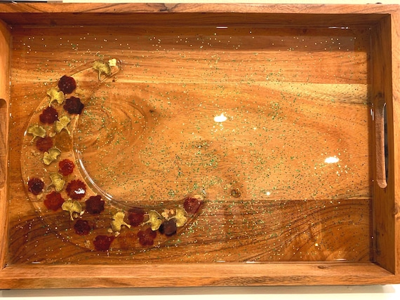 Crescent Cheese tray, Large Resin Wooden Tray Flowers leaves Charms Decorated Ottoman Tray Charcuterie board