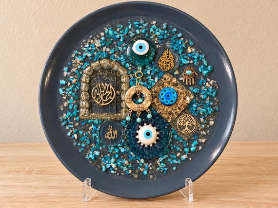 Arabic Decorative Plate Alhamdulillah and Allah Islamic Art with Resin Authentic Handmade Iraqi Turathiat on Porcelain Wall Decor Hanging