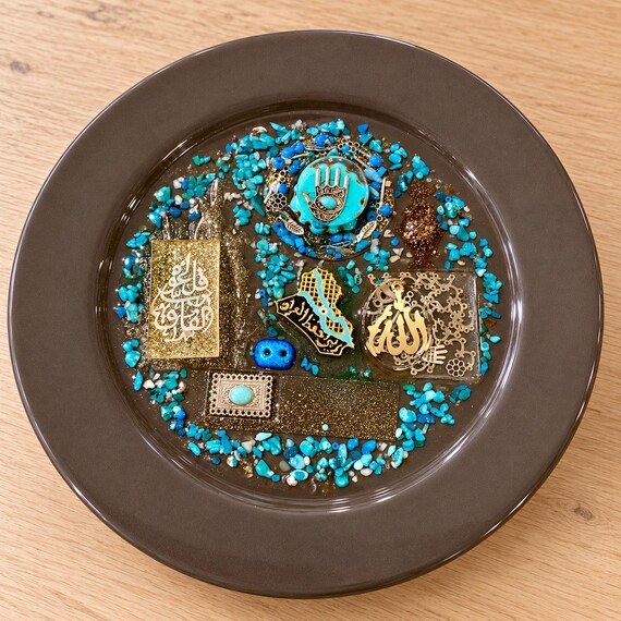 Quran Aya Islamic Arabic Decorative Plate with Resin Authentic Handmade Iraqi Art Turath Blessed Eyes on Porcelain Wall Decor Hanging