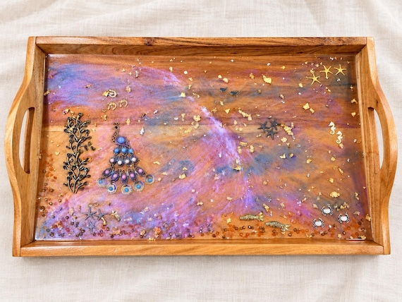 Handmade Purple Peacock Cheese Tray, Large Resin Wooden Tray Starfish, Alligator, Fish, Whale Charms Decorated Beach House charcuterie board