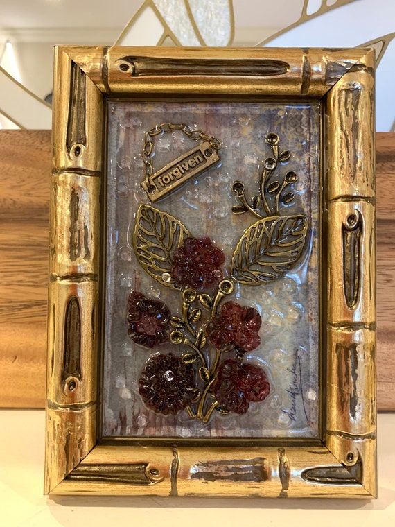 Flowers Mixed media Resin Wall Art decor Framed Pictures set Forgiven inspirations 9” by 6”
