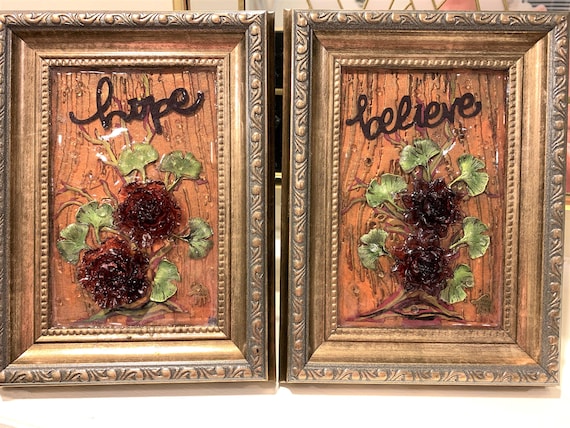 Flowers Mixed media Resin Wall Art decor set Framed Pictures set Hope and Believe inspirations