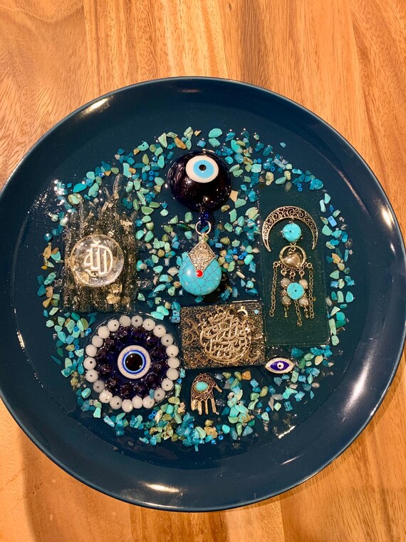 Arabic Decorative Islamic Allah and Sura Plate with Resin Authentic Handmade Iraqi Art Turath Blessed Eyes on Porcelain Wall Decor Hanging