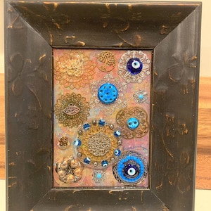 Iraqi tradition Decor Mixed Media Framed Art Allah Muslim Wall Hanging, Islamic Arabic Art Home Décor, Iraqi seven eyes Art
