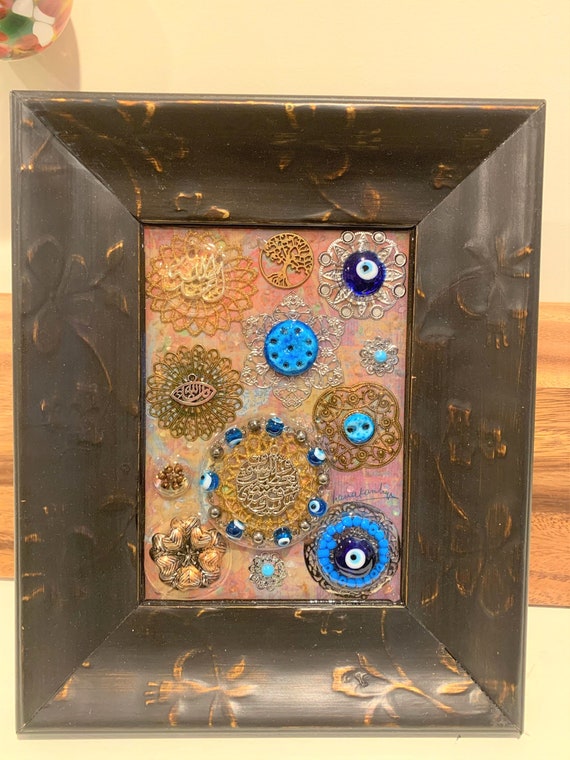 Iraqi tradition Decor Mixed Media Framed Art Allah Muslim Wall Hanging, Islamic Arabic Art Home Décor, Iraqi seven eyes Art