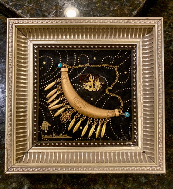 Allah Gift Decorative Framed Picture Mixed Media 7.5” by 7.5” Handmade Muslim Allah, Hamsa Hand and Against Evil Blessed Eye for protection