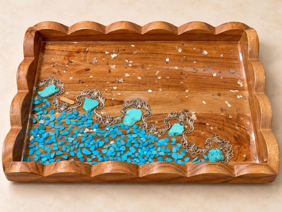 Luxury Handmade Charcuterie Tray, Natural Stone and Gold Accents, Floral Edge Wooden Serving Board