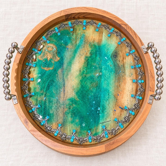 Handmade 16” Cheese Tray, Large Resin Wooden Tray Decorated charcuterie board, with Natural Turquoise stones, Ottoman Tray