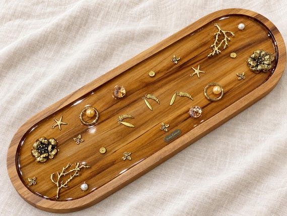 Luxury Handmade Wooden Tray with Gold Botanical and Celestial Accents, Elegant Serving and Jewelry Display Tray, Gift for Home Décor