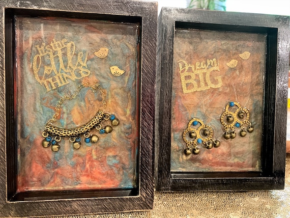 Mixed media Resin Wall Art set Framed Pictures set Little Things and dream Big inspirations wooden frames