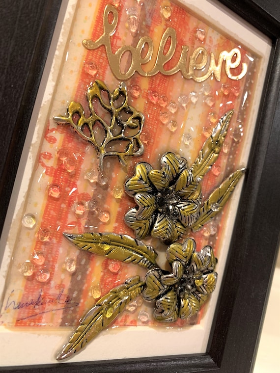 Flowers Mixed media Resin Wall Art set Framed Pictures set Hope and Believe inspirations wooden frames