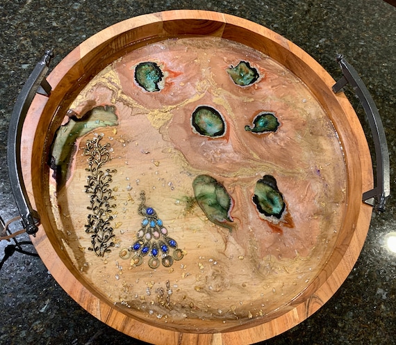 Handmade Green Gold Peacok Cheese Tray, Large Resin Wooden Tray Starfish Charms Decorated Beach House charcuterie board