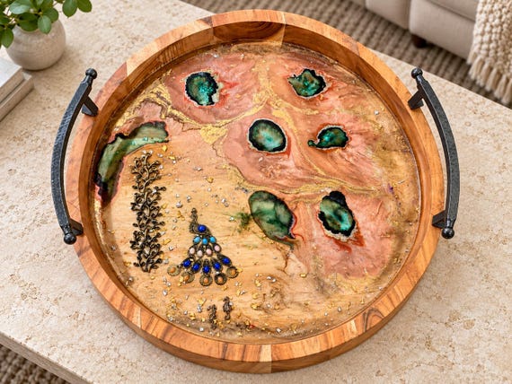 Handmade Green Gold Peacok Cheese Tray, Large Resin Wooden Tray Starfish Charms Decorated Beach House charcuterie board