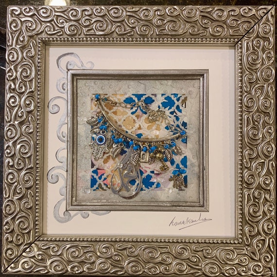 Mohammed Gift Decorative Framed Picture Mixed Media 8” by 8” Handmade Muslim, Hamsa Hand, Against Evil Blessed Eye for protection, Key Lock