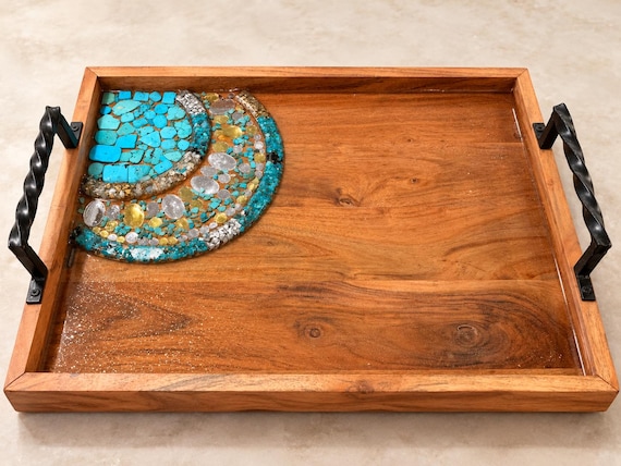 Crescent Cheese tray, Large Resin Wooden Tray Flowers leaves Charms Decorated Ottoman Tray Charcuterie board