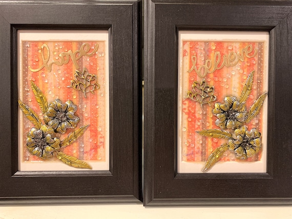 Flowers Mixed media Resin Wall Art set Framed Pictures set Hope and Believe inspirations wooden frames