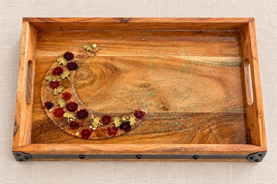 Crescent Cheese tray, Large Resin Wooden Tray Flowers leaves Charms Decorated Ottoman Tray Charcuterie board