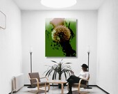 Dandelion Abstract Art in Green with Orange Splash Digital Art, Botanical instant Printable Wall Decor