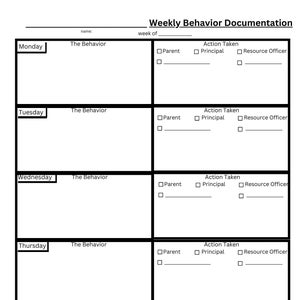 Könnte beinhalten: Ein schwarzweißes, druckbares Formular zur Dokumentation des Wochenverhaltens mit Abschnitten für jeden Tag der Woche: Montag, Dienstag, Mittwoch, Donnerstag und Freitag. Jeder Abschnitt enthält Platz zum Schreiben von "Das Verhalten" und "Getroffene Maßnahmen".  Es gibt Kontrollkästchen für "Eltern", "Schulleiter" und "Ressourcenbeauftragter".