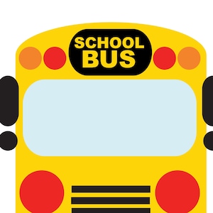 May include: A yellow school bus illustration with the text "SCHOOL BUS" in a black rectangle. The bus has a light blue windshield, red and orange circular lights, and black and gray details.
