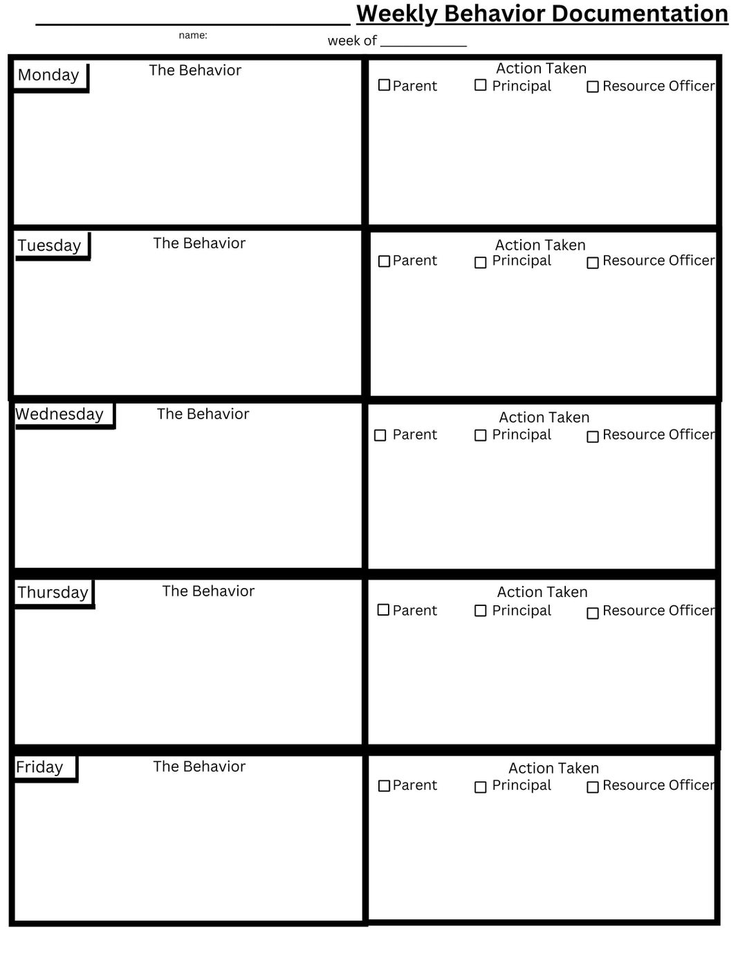 Quick and Easy Weekly Behavior Documentation Form - Etsy