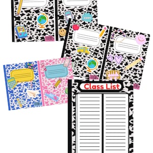 May include: Four black and white patterned notebook covers with colorful stickers and text. The covers include the words "Dream", "Game Over", "School is Cool", and "Class List".
