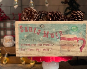 Caja para tazas de Papá Noel, caja para tazas de Papá Noel de inspiración vintage, caja de regalo de Navidad, decoración navideña vintage