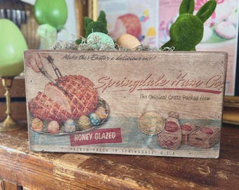 Caja de jamón de Pascua vintage / Centro de mesa de Pascua estilo granja / Decoración rústica de primavera para mesa / Caja de conejito de madera / Exhibición de mesa de Pascua