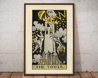 The Tower Tarot Poster, 1918 De Laurence Tarot Art, Vintage Major Arcana Print, Fortune Teller Wall Decor