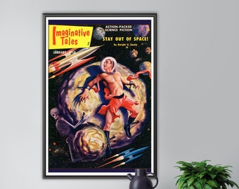 POSTER di fantascienza vintage del 1958! fino alla dimensione intera 24 x 36 - Fantascienza - Spazio - Razzi - Asteroidi - Retro - Metà secolo
