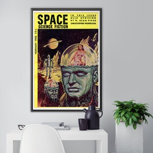 May include: A vintage science fiction magazine cover featuring a yellow background with a large illustration of a man's head with a woman inside a bubble. The magazine is titled "Space Science Fiction" and the issue is "February 1953 35c".