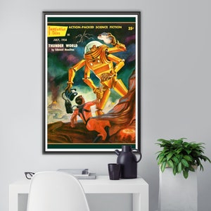 May include: A vintage science fiction magazine cover featuring a yellow robot and a man in a spacesuit on a colorful, rocky planet. The magazine is titled "Imaginative Tales" and the story is "Thunder World" by Edmond Hamilton.