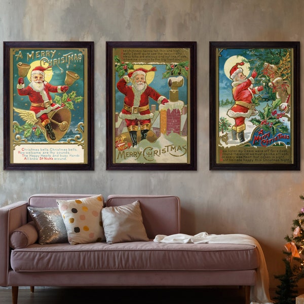 vintage 1908 Père Noël ENSEMBLE de 3 AFFICHES! (jusqu'à 24" x 36") - Joyeux Noël - Renne - Cheminée - Manteau - Décorations - Antique - Art