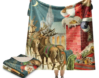 Santa Claus Christmas Throw - Extra Large Sherpa Blanket - Vintage Style
