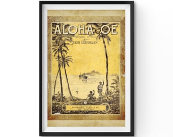 Póster de música hula Aloha Oe: arte vintage de la isla hawaiana