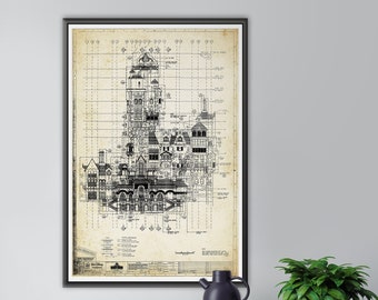 Tower of Terror MGM Studios Vintage Blueprint Art - (up to 24" x 36") - Hollywood - Drop - Ride - Attraction - Horror - Vintage - Theme Park