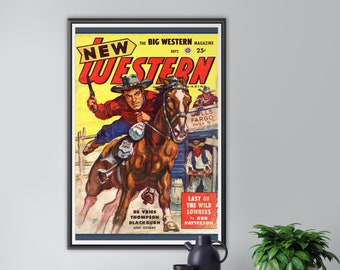 May include: A framed vintage New Western magazine cover illustration featuring a rider on a brown horse holding a pistol, with text including New Western, The Big Western Magazine, Wells Fargo, and Last of the Wild Lowrees by Rod Patterson.