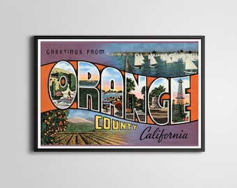 Póster del condado de Orange, California: Impresión vintage de recuerdo de viaje