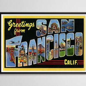 CARTAZ do cartão da lembrança de San Francisco! (até tamanho normal 24 x 36 polegadas) - Estilo Vintage - Califórnia - Preto