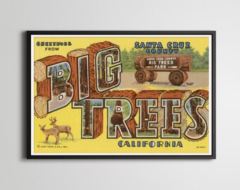 Póster vintage de viaje a Santa Cruz con árboles grandes: Impresión de secuoyas californianas