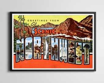 Puede incluir: Una impresión de postal de estilo vintage en un marco negro con el texto Greetings From The Scenic Northwest. Las letras grandes contienen ilustraciones coloridas de montañas, una cascada, un velero y una persona con una chaqueta amarilla.