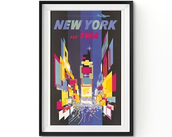 Manifesto di viaggio di New York di metà secolo: arte d'epoca della compagnia aerea TWA