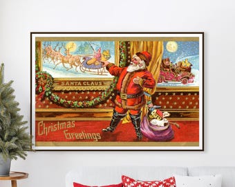 Vintage Santa Claus Christmas Greetings Poster – Antique Holiday Decor