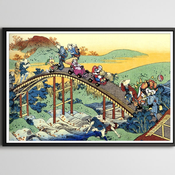 Mario Kart on The Arched Bridge! - Original POSTER! (24 x 36 or Smaller) - Hokusai - Super Nintendo - Fan Art - Painting - SNES - Bowser