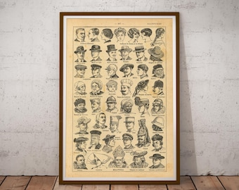 Póster de sombreros y peinados vintage - Impresión de diccionario francés de 1931