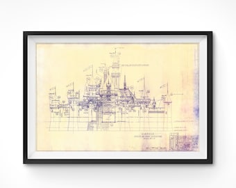 Póster del plano del castillo de Disneyland: arte vintage de parque temático de 1955