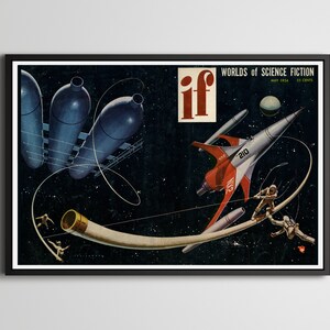 May include: A vintage science fiction magazine cover featuring a spaceship in space with a red and white design. The magazine is titled "Worlds of Science Fiction" and the issue is from May 1954. The cover art depicts a futuristic spaceship with a long, thin body and a large, round cockpit. The spaceship is flying through space, leaving a trail of smoke behind it. The cover also features a small, round planet in the background.