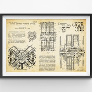 May include: Framed vintage patent print featuring detailed technical drawings of an engine. The print includes text from the United States Patent Office, dated August 16, 1927, with various diagrams and schematics.